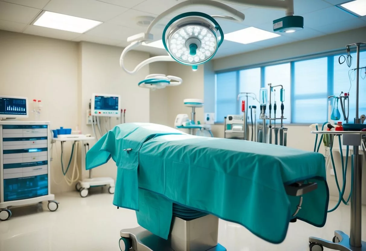 A sterile operating room with surgical tools and equipment for cosmetic procedures