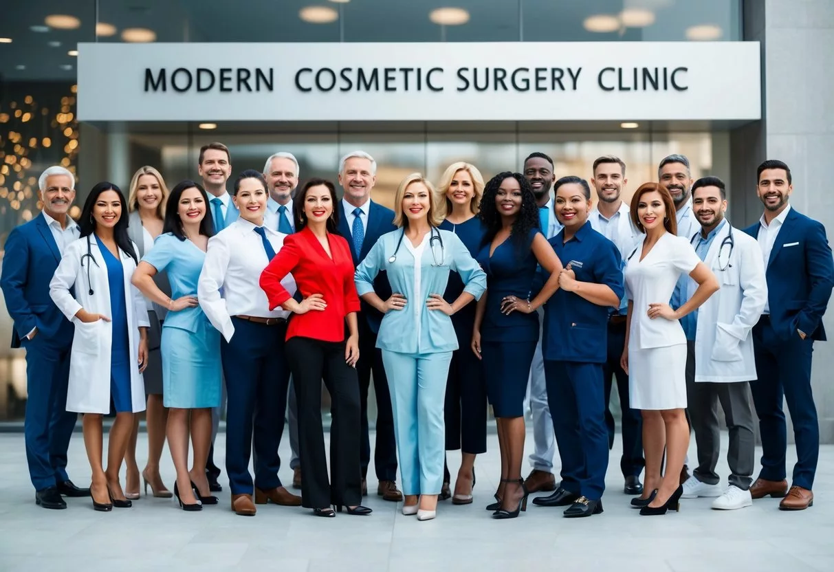 A diverse group of people of different ages, genders, and ethnicities, all with confident expressions, standing in front of a modern cosmetic surgery clinic