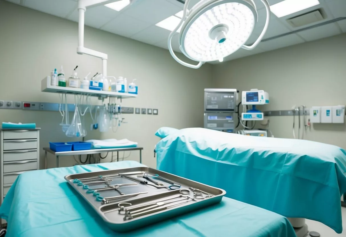 A sterile operating room with surgical instruments laid out on a tray, a bright overhead light, and a patient bed with crisp white linens