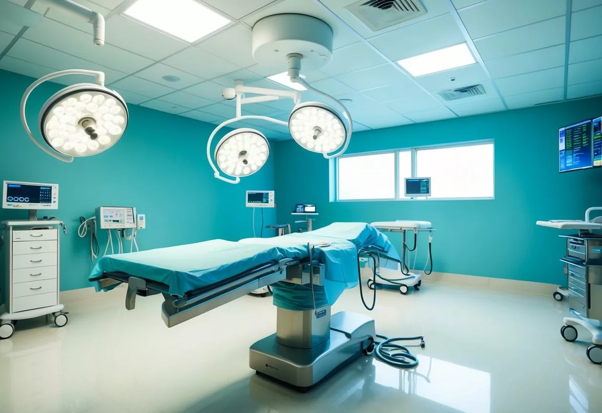 A serene, modern operating room with surgical equipment and a comfortable patient bed. Bright lights illuminate the space, and the atmosphere is calm and professional