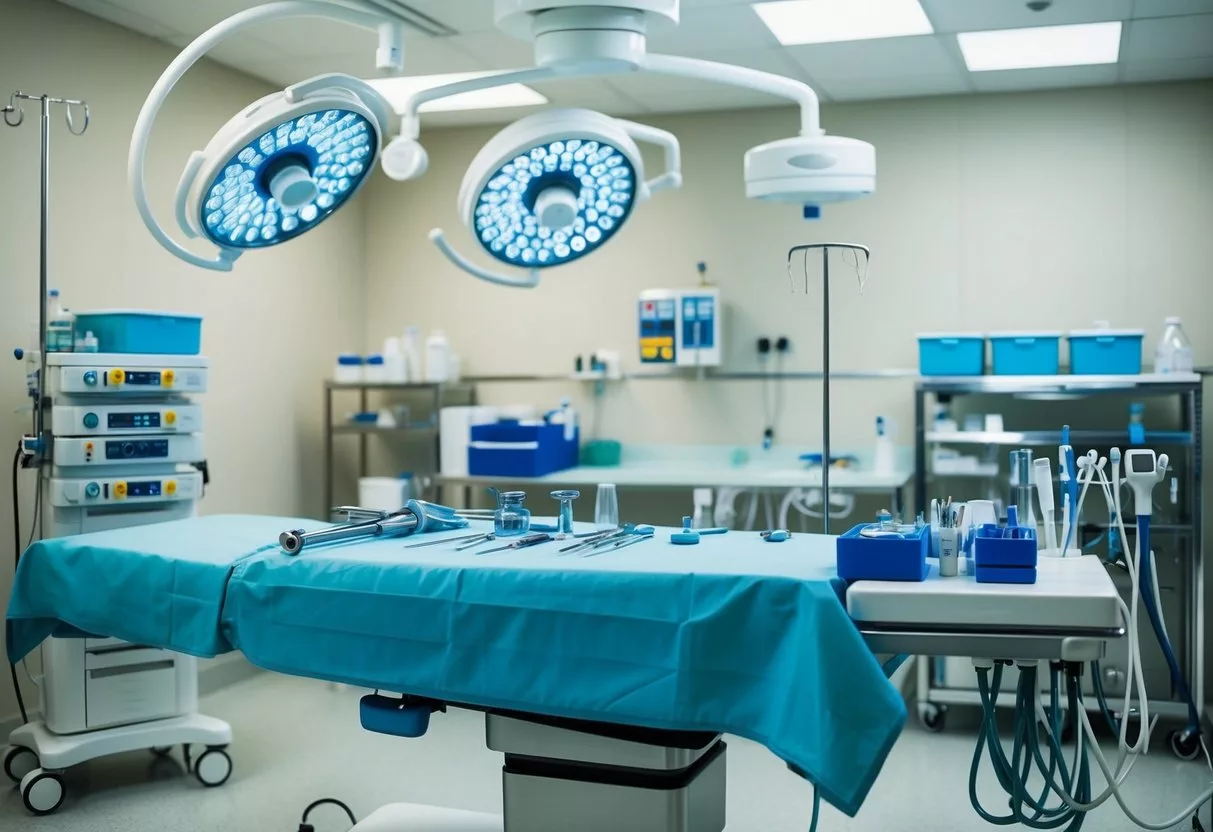 A sterile operating room with surgical tools and equipment arranged neatly on a table, ready for a cosmetic surgery procedure