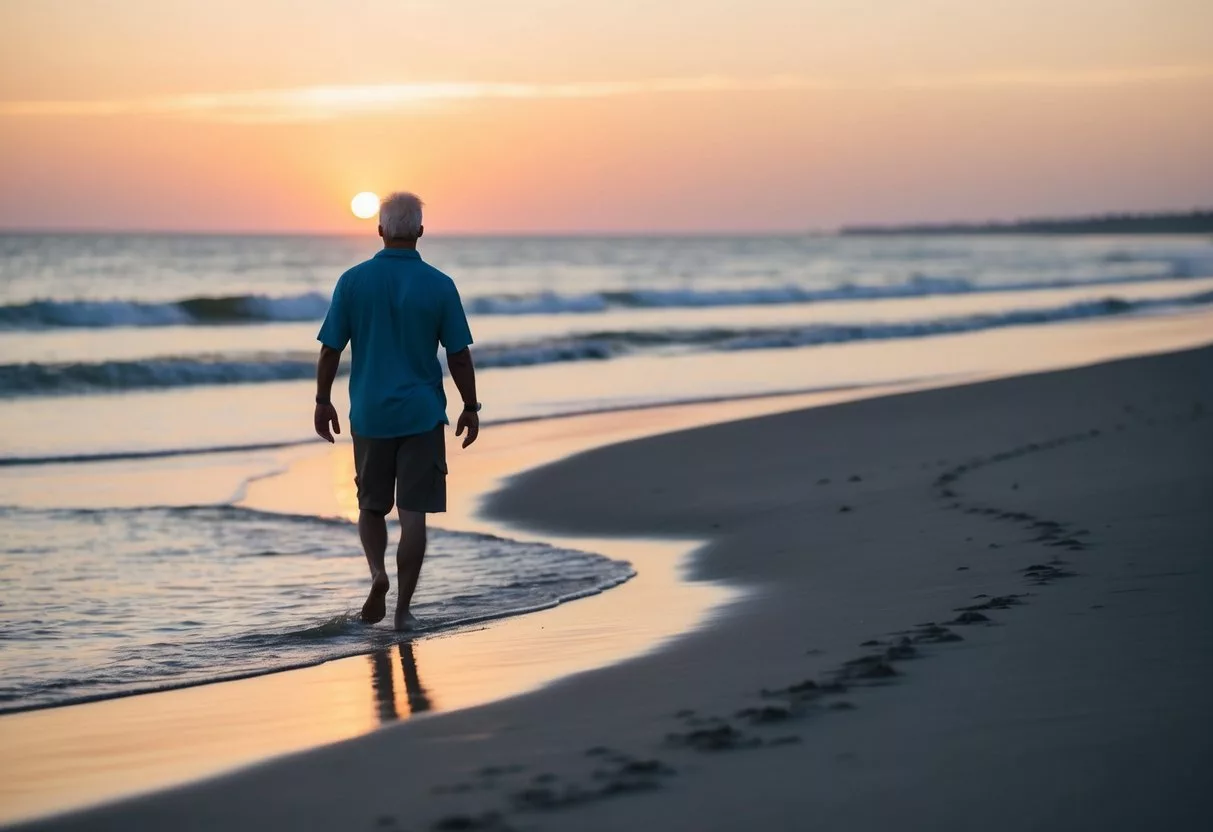 A serene beach at sunset, with a figure walking along the shore, symbolizing the journey of addiction recovery. Waves gently washing onto the sand