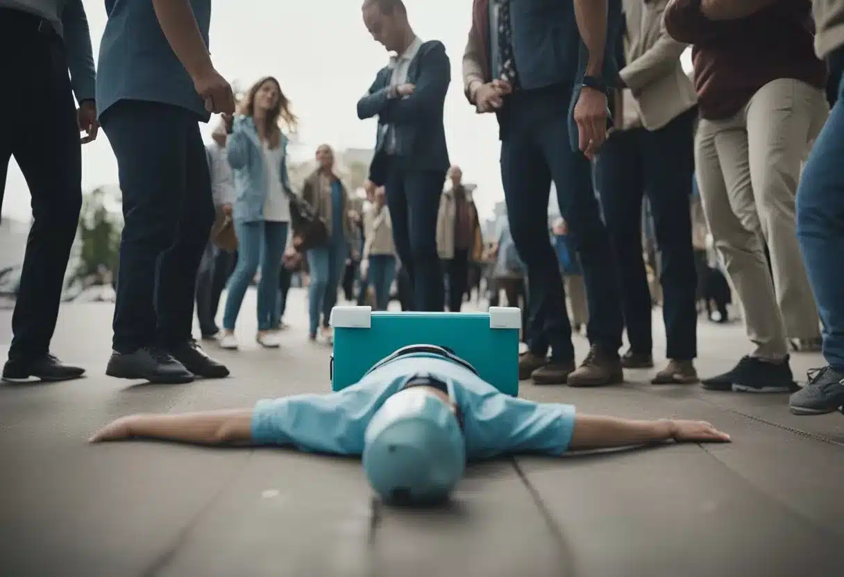 A person collapses onto the ground, surrounded by concerned onlookers. A first aid kit is opened, and someone begins to check for vital signs and administer care