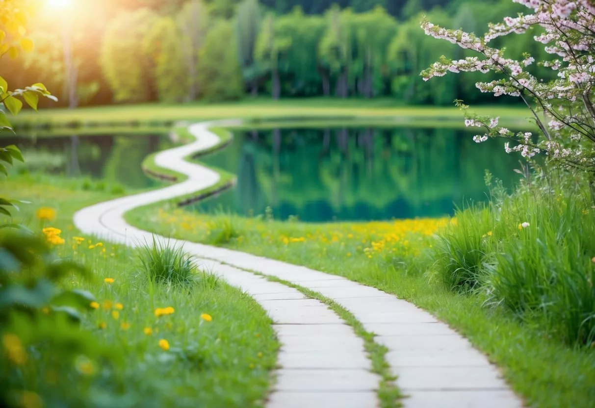 A serene nature scene with a winding path leading to a tranquil lake, surrounded by lush greenery and blooming flowers, symbolizing the journey of addiction recovery