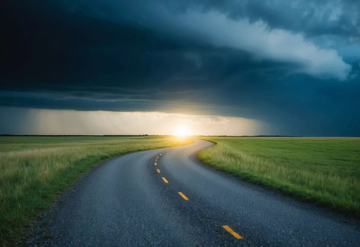 A serene landscape with a winding path leading away from a dark, stormy sky towards a bright, sunny horizon