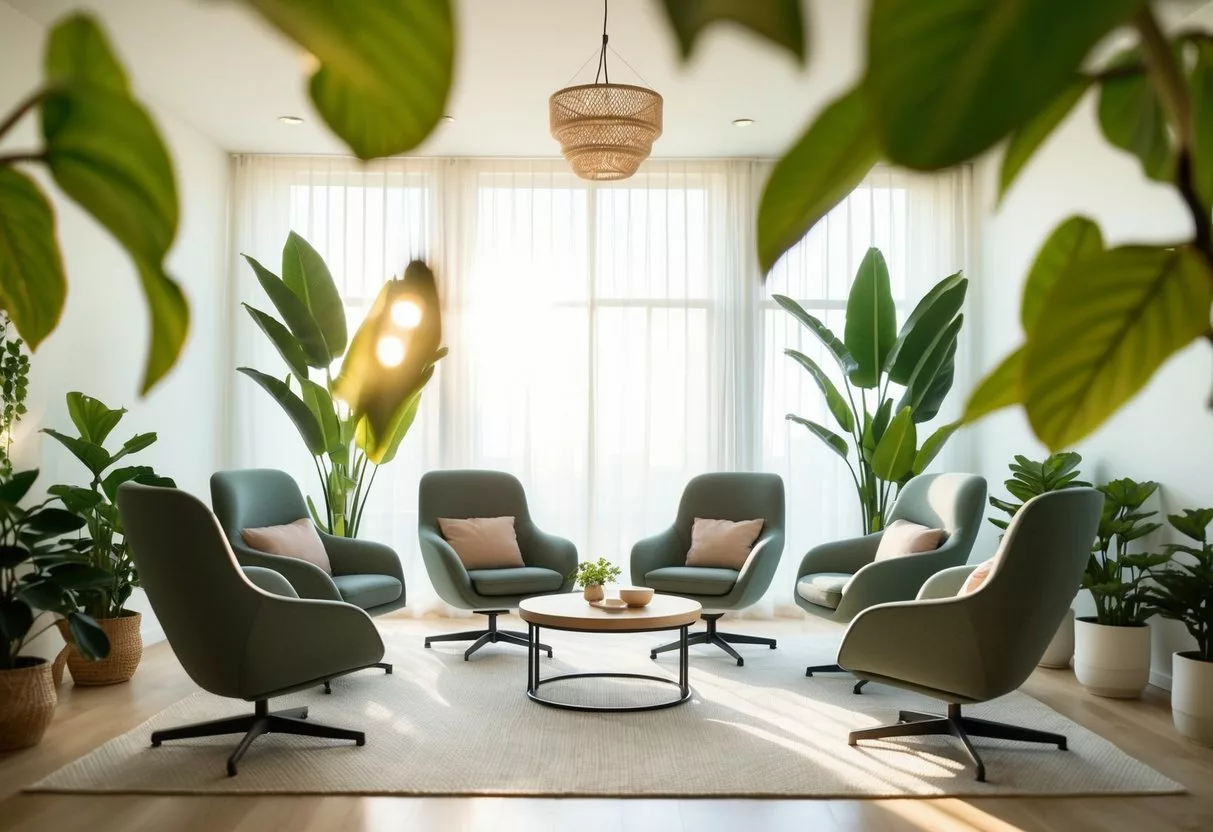 A serene, sunlit room with comfortable chairs arranged in a circle, surrounded by green plants and soft, natural lighting