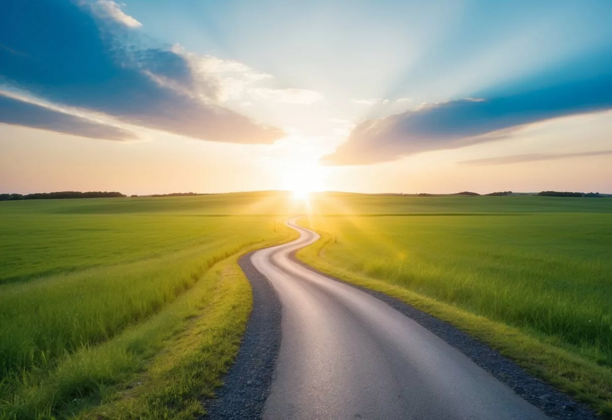 A serene landscape with a winding path leading towards a bright and hopeful horizon, symbolizing the journey of addiction recovery