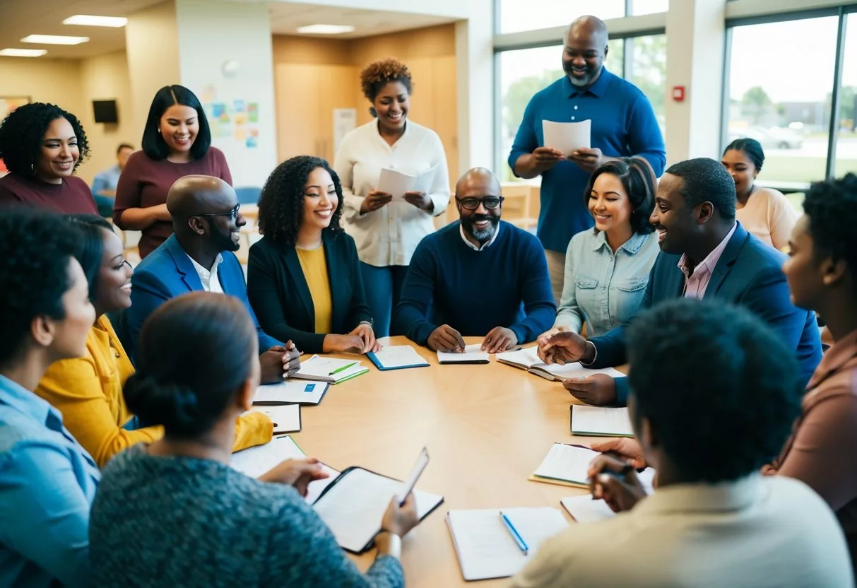 A group of diverse individuals gather in a circle, sharing stories and offering support in a welcoming community center