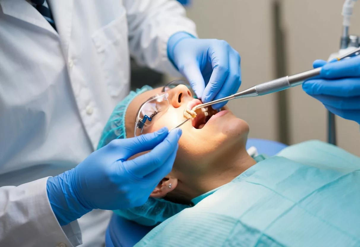 A dental implant being carefully placed into the jawbone by a skilled dentist using precision tools