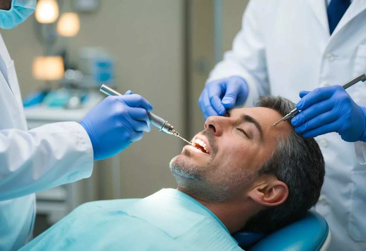 A dentist carefully places a dental implant into a patient's jawbone using precision tools and equipment