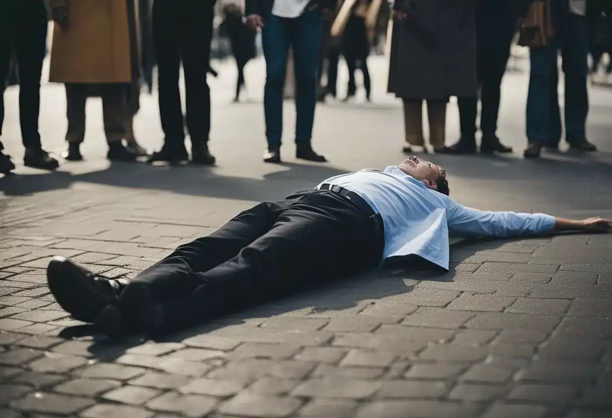 A person collapses onto the ground, surrounded by concerned onlookers