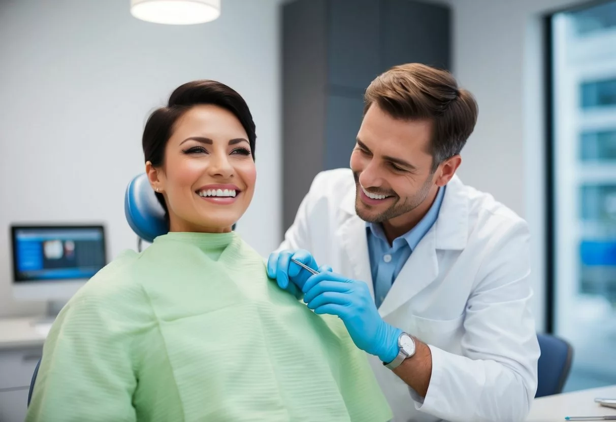 A smiling person with missing teeth receiving a dental implant consultation from a dentist in a modern office setting