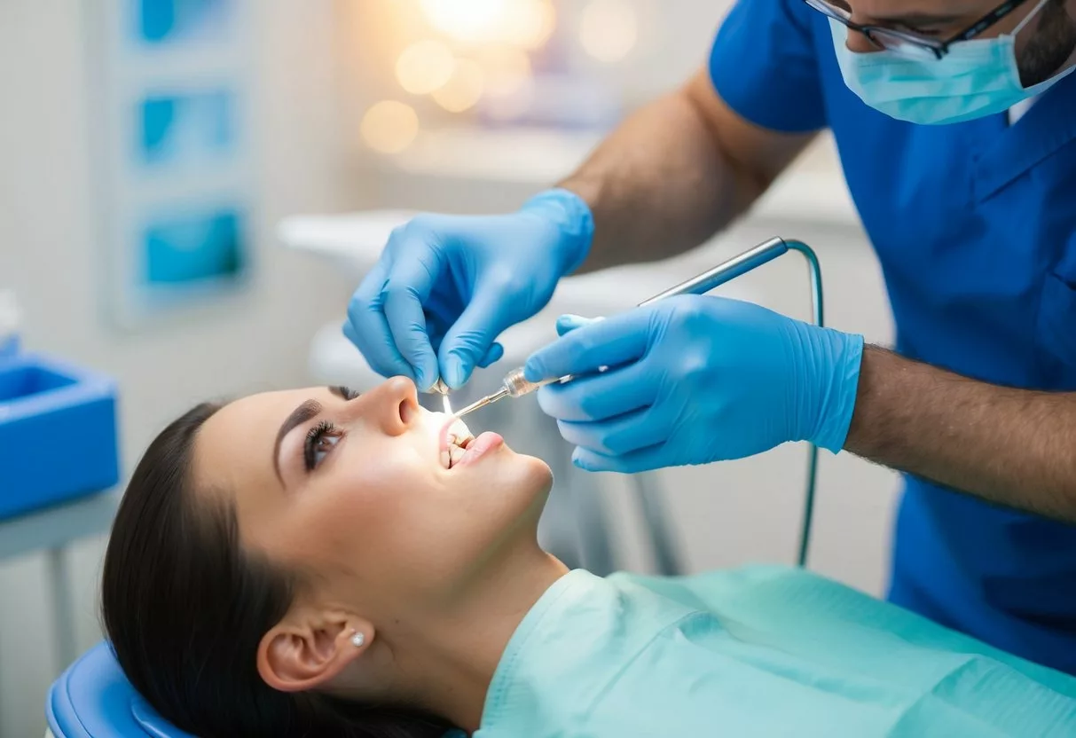 A dentist carefully placing a dental implant into a patient's jawbone, using precision tools and a steady hand