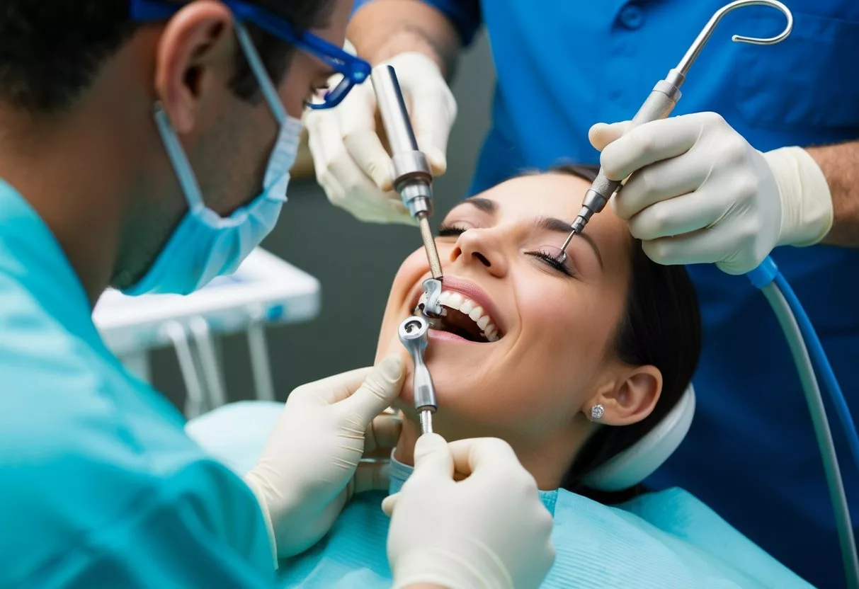 A dental implant being inserted into a jawbone by a dentist using specialized tools and equipment