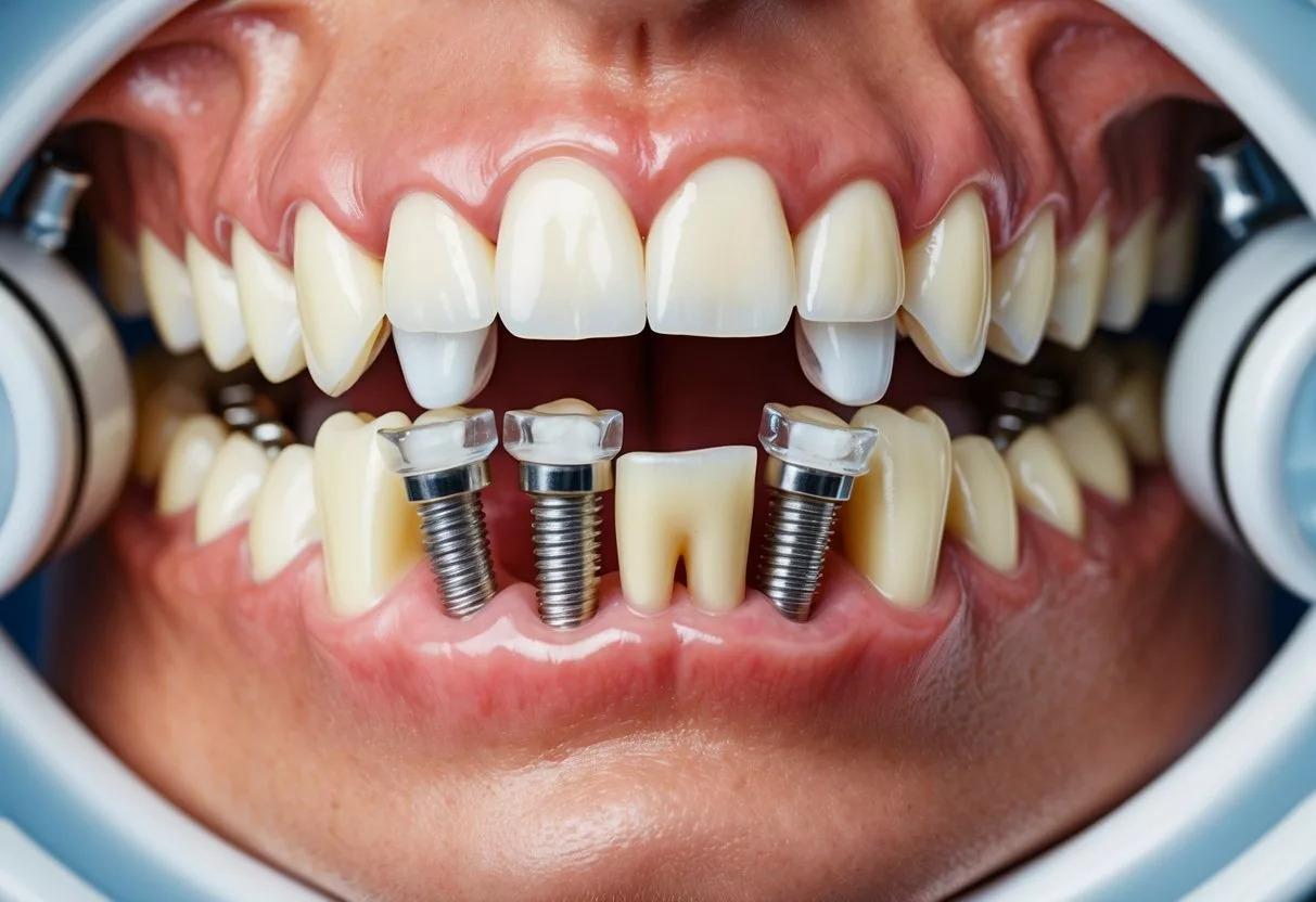 A close-up of a healthy jawbone with dental implants in place, surrounded by vibrant, healthy gums and teeth