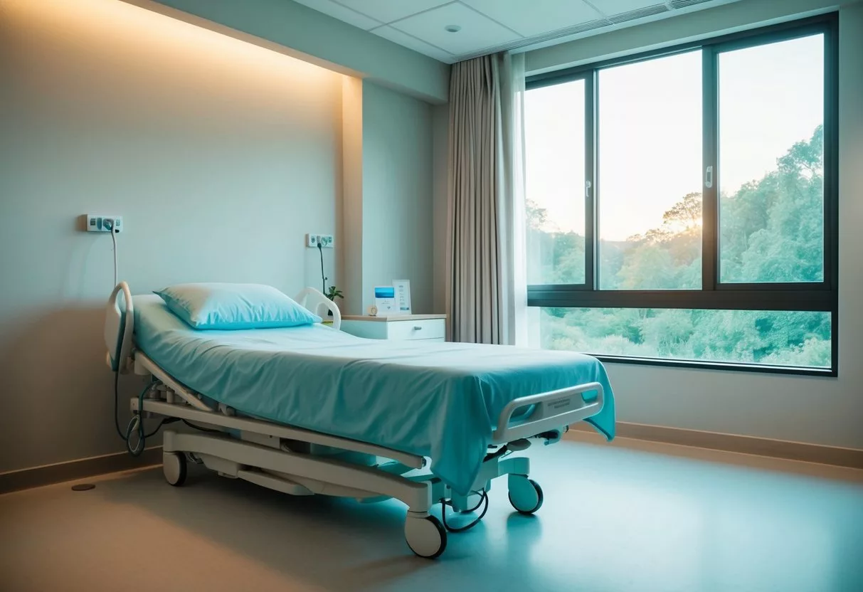 A serene and peaceful recovery room with a comfortable bed, soft lighting, and a view of nature through a window