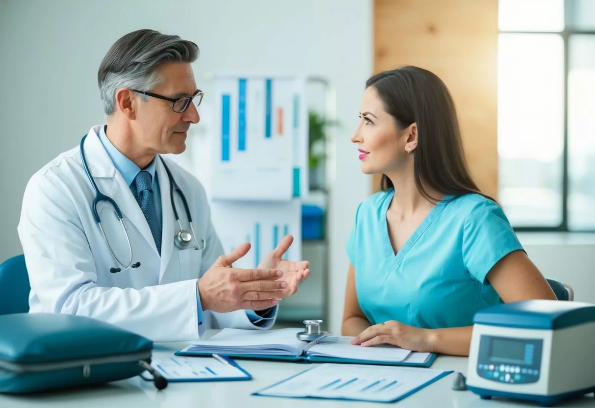 A doctor discussing weight loss surgery with a patient, surrounded by medical charts and equipment