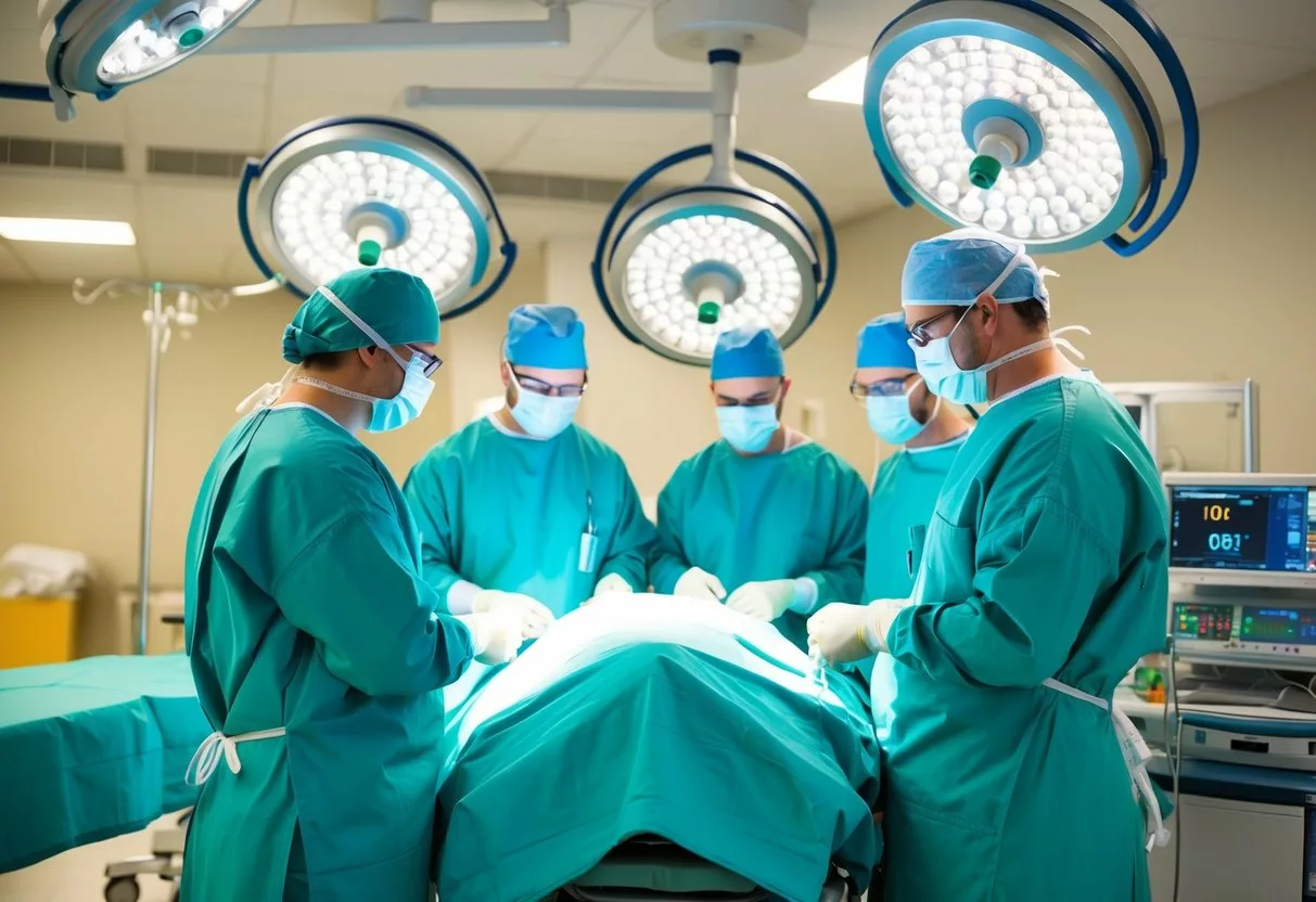 A surgical operating room with medical equipment and a team of surgeons performing weight loss surgery