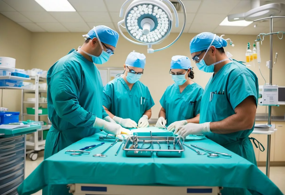 A surgical team gathers around a table of sterile instruments and equipment, preparing for a weight loss surgery