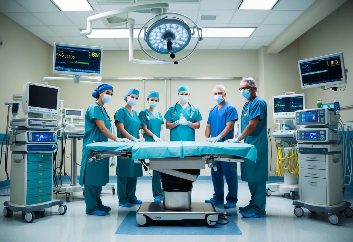 A surgical table surrounded by medical equipment and monitors, with a team of doctors and nurses preparing for weight loss surgery