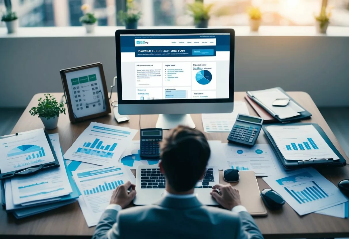 A person sitting at a desk surrounded by paperwork, calculators, and charts, with a computer open to an insurance and financial website