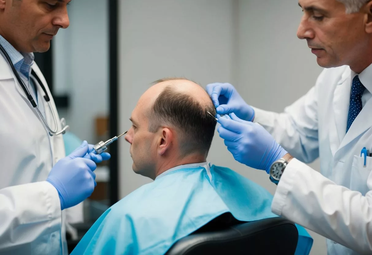 A doctor carefully plants hair follicles into a balding scalp