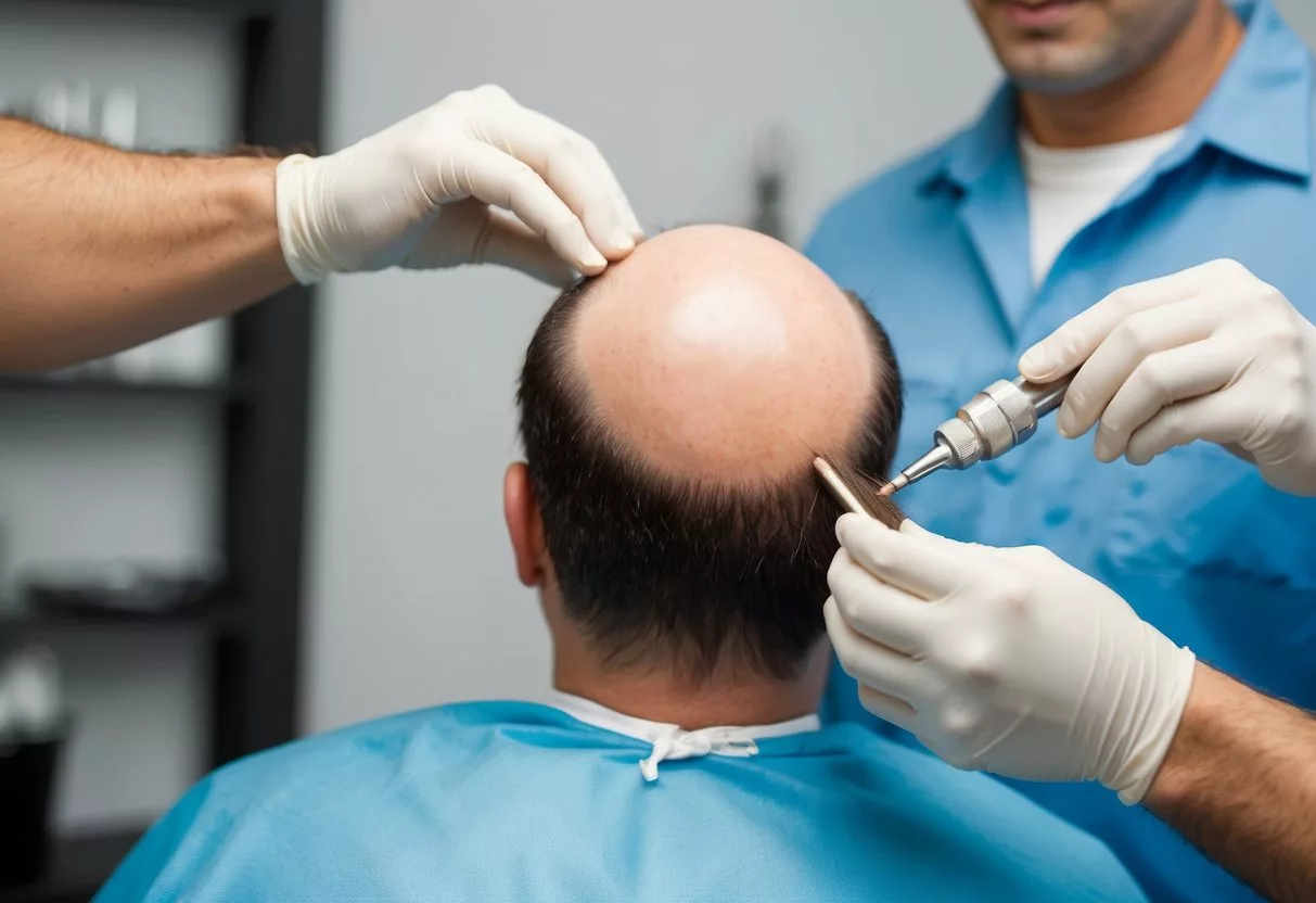 A balding scalp with healthy hair follicles being transplanted onto it