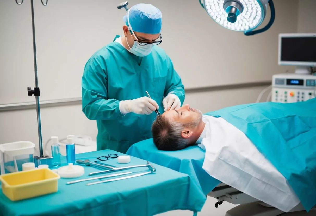 A surgeon performing a hair transplant procedure on a patient, with medical equipment and tools laid out on a sterile operating table