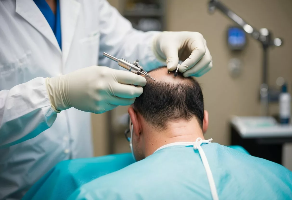 A surgeon carefully extracts hair follicles from a donor area and implants them into the recipient area on a patient's scalp