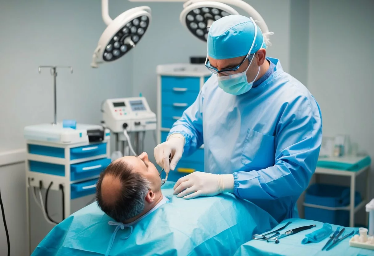 A doctor performing a hair transplant surgery on a patient, with medical equipment and tools laid out on a sterile operating table