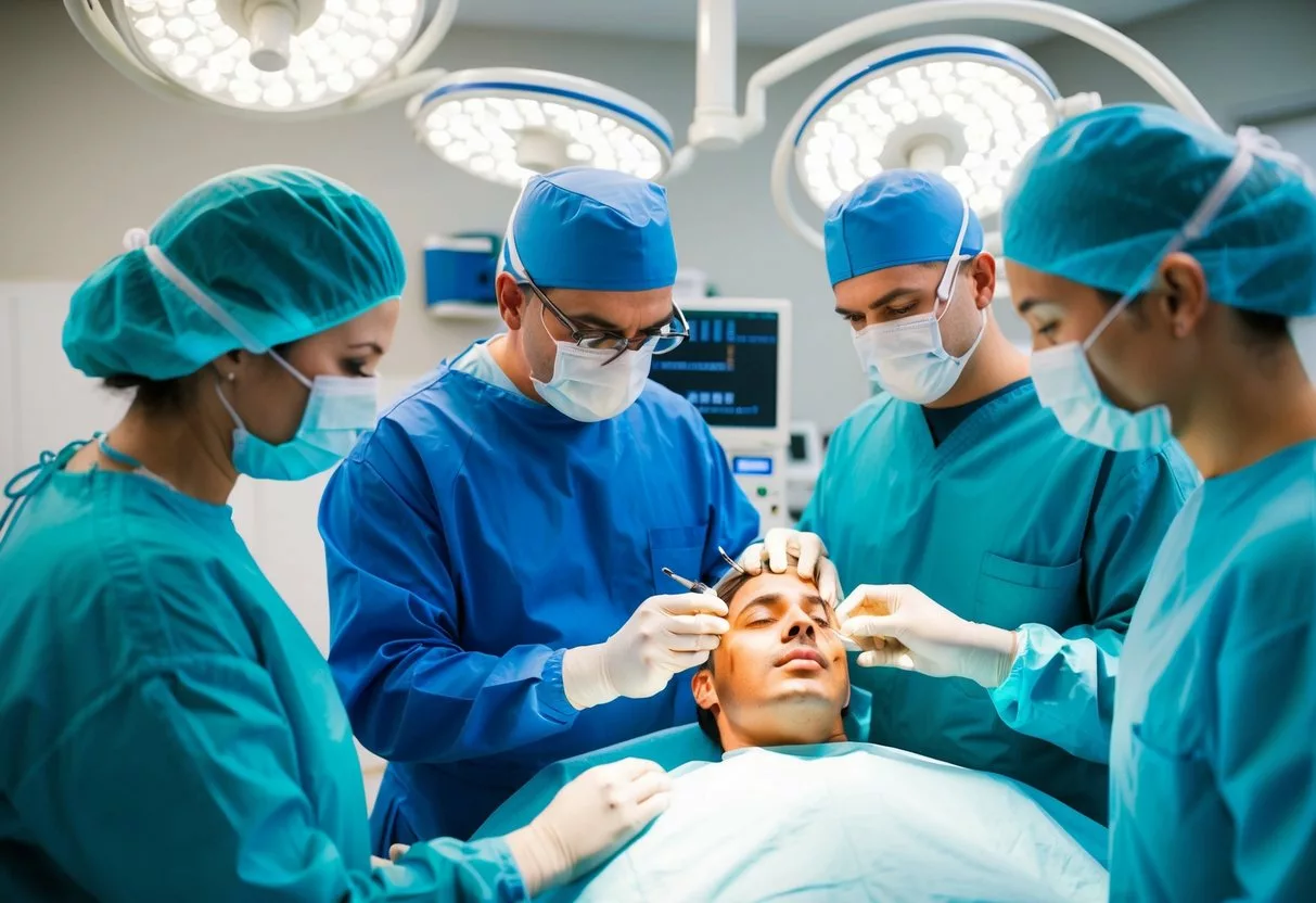 A surgeon and a team of assistants performing a hair transplant procedure on a patient in a sterile operating room