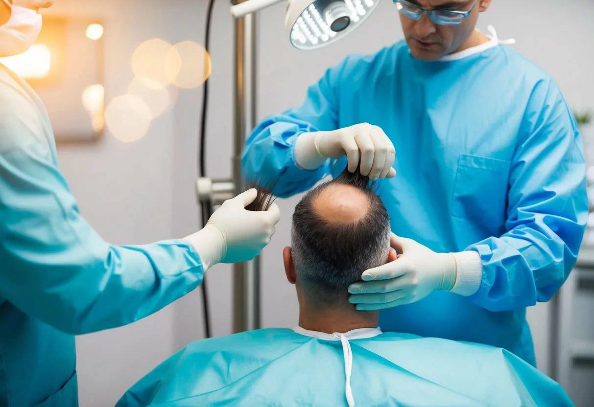 A surgeon carefully extracts hair follicles from a donor area on the scalp, then implants them into the recipient area to promote new hair growth