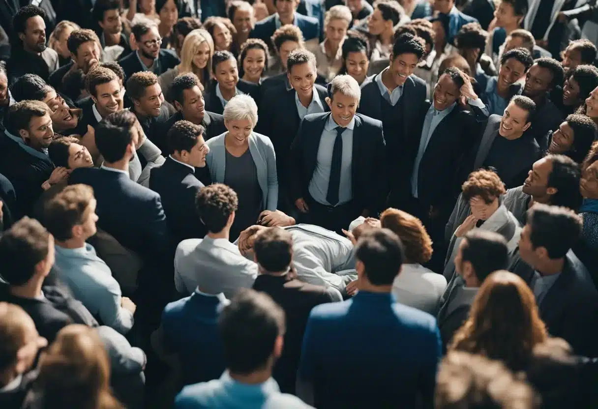 A person faints in a crowded room, surrounded by concerned onlookers