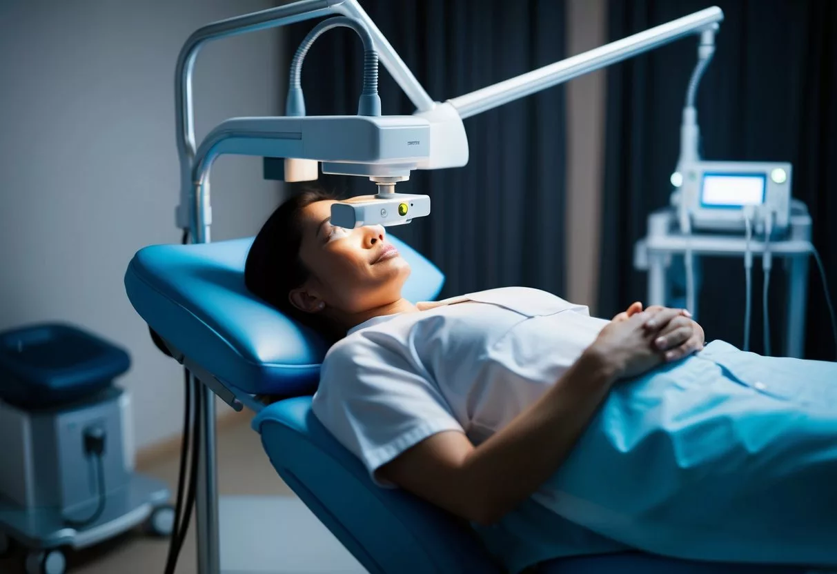 A patient lying on a reclined chair with a laser machine positioned above their eye. The room is dimly lit with medical equipment surrounding the chair