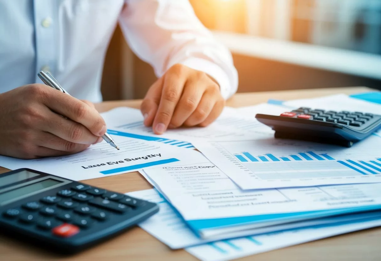 A person researching laser eye surgery while surrounded by financial documents and a calculator