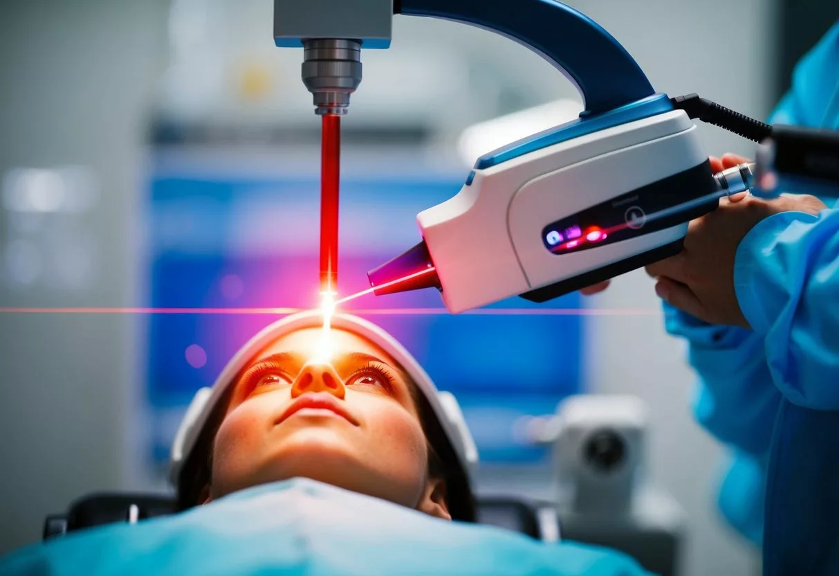 A laser beam precisely targets the eye, while a medical device assists in the procedure