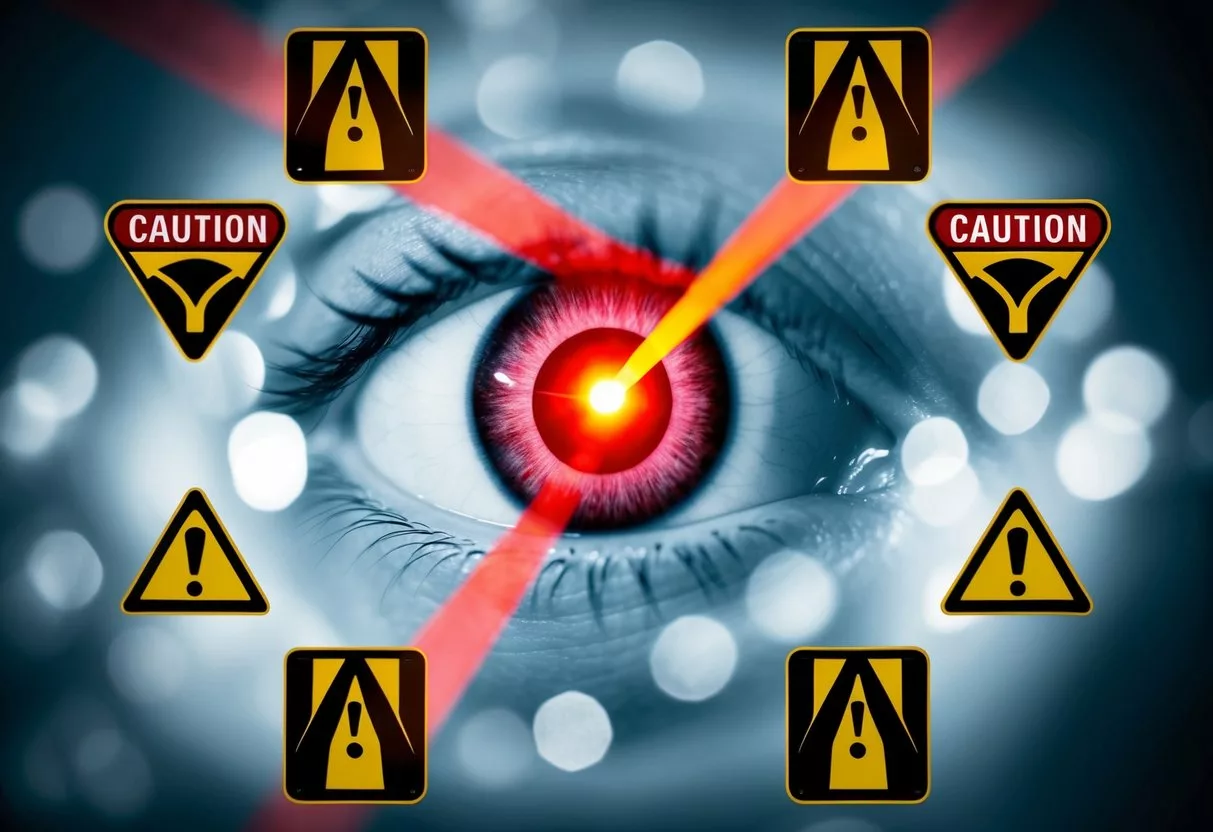 A laser beam targeting an eye, surrounded by caution signs and warning symbols