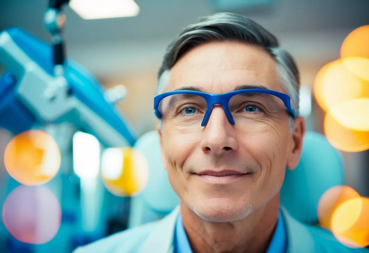 A person enjoying clear vision after laser eye surgery, surrounded by vibrant colors and sharp details