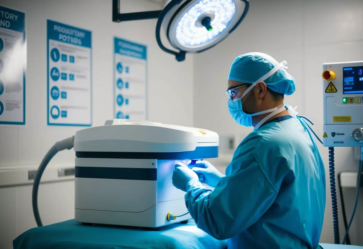 A surgeon operates a laser machine in a sterile operating room, while regulatory posters line the walls