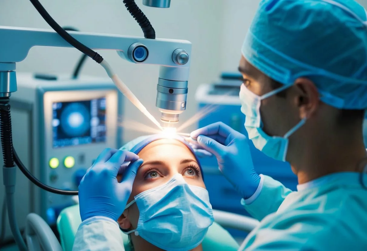 A beam of light precisely reshapes an eye, surrounded by advanced medical equipment and a skilled surgeon