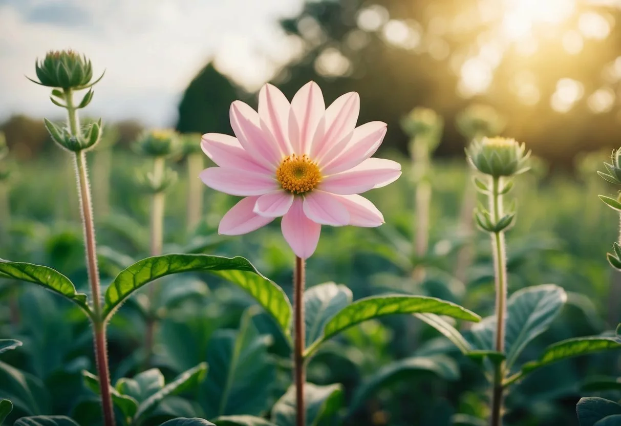 A blooming flower surrounded by growing plants, symbolizing fertility and success in fertility treatments