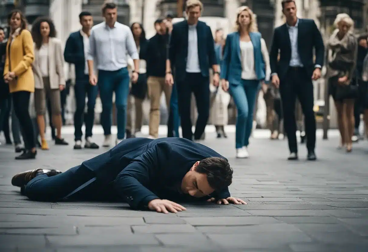 A person collapses onto the ground, surrounded by concerned onlookers