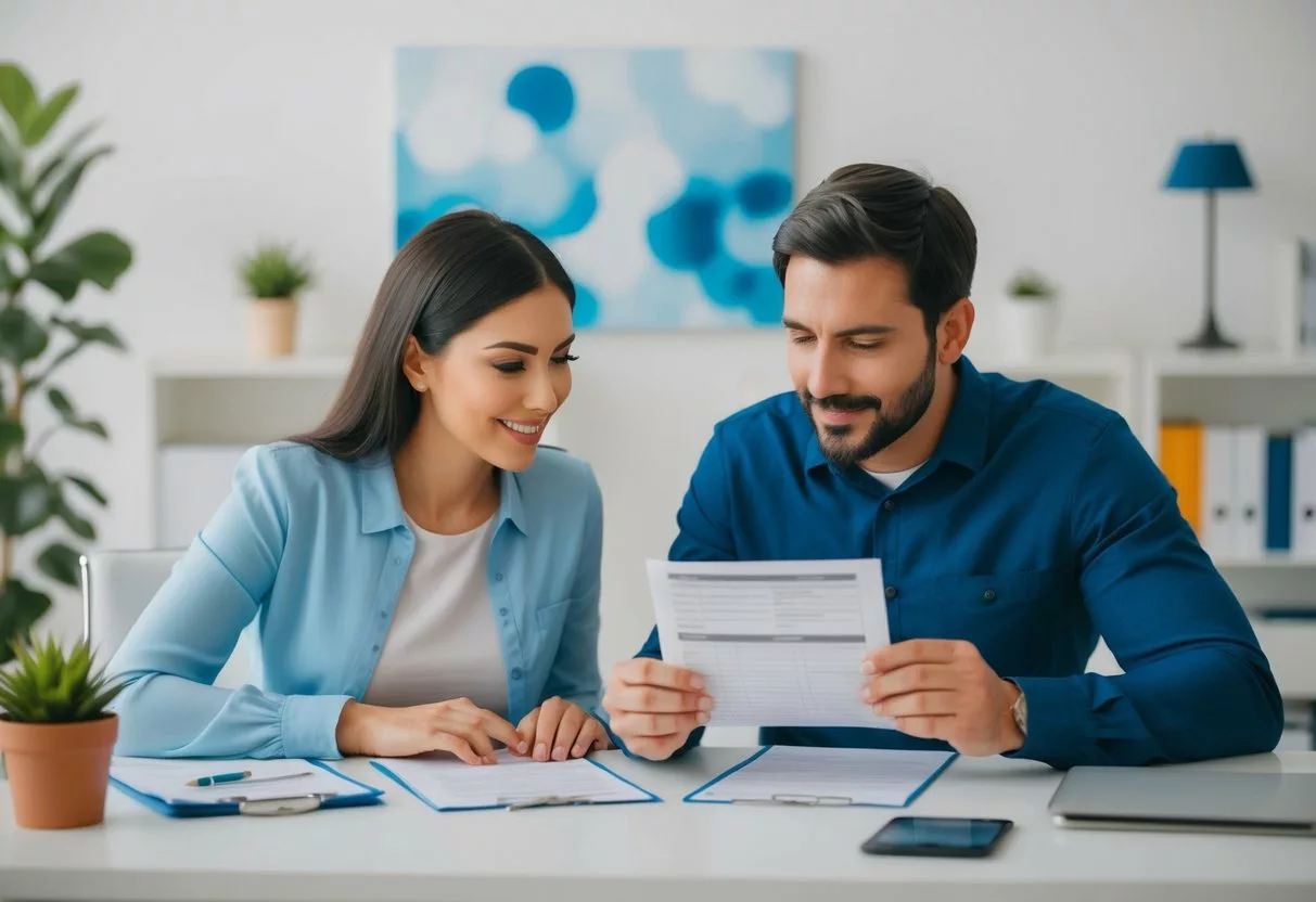 A couple reviewing financial documents and insurance policies at a fertility clinic