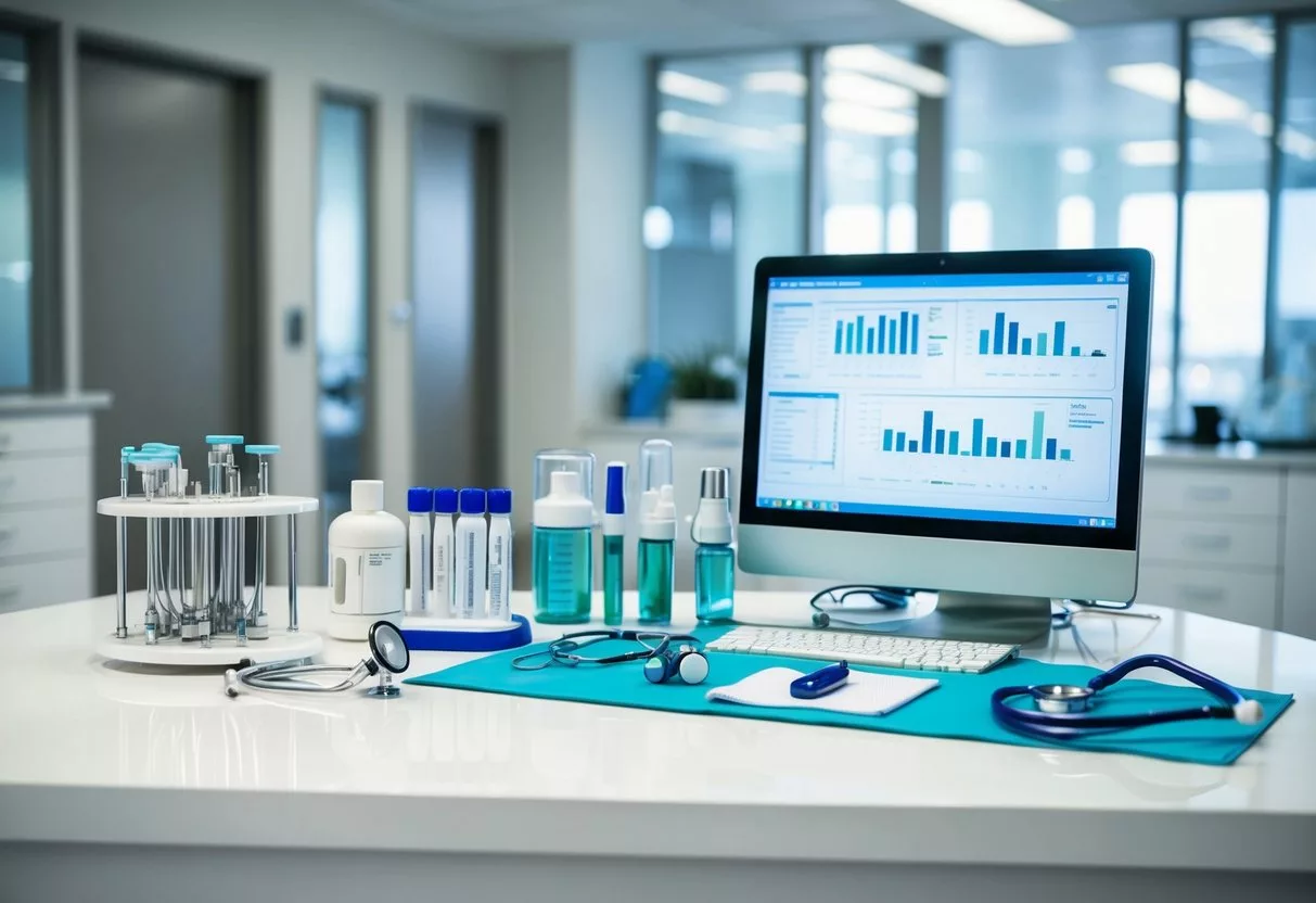 A medical clinic with various fertility treatment equipment and tools arranged neatly on a sterile, white countertop. A doctor's stethoscope hangs off the edge, and a computer screen displays graphs and data