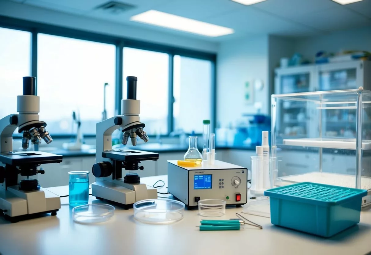 A laboratory setting with various equipment and tools used in the IVF process, including petri dishes, microscopes, and incubators