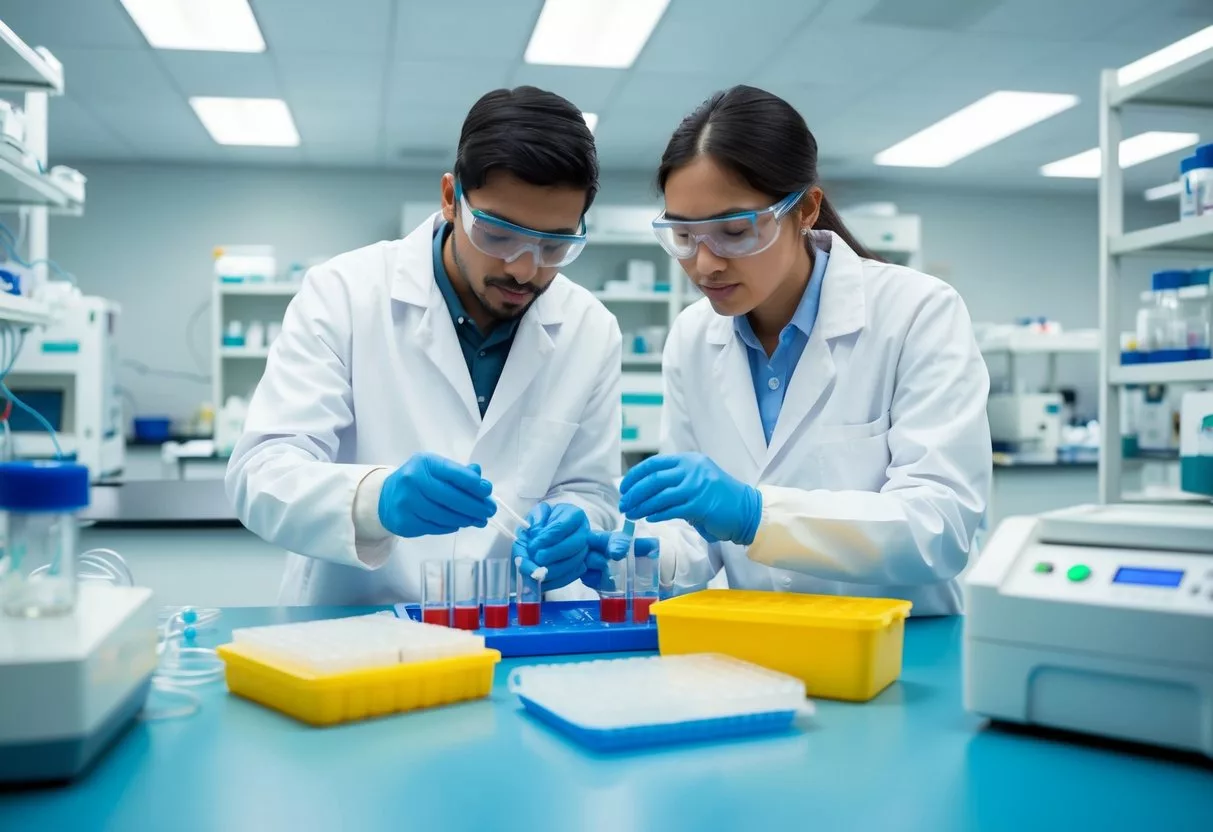 A laboratory setting with scientists working on petri dishes and test tubes, surrounded by advanced medical equipment and technology