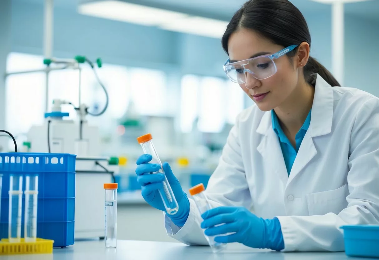 A lab technician carefully handling test tubes and equipment in a sterile laboratory setting