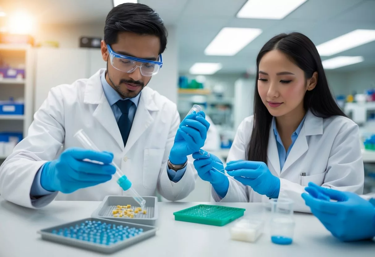 A laboratory with scientists extracting stem cells from various sources such as bone marrow, adipose tissue, and umbilical cord blood for therapy