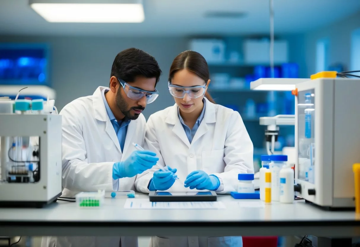 A laboratory setting with scientists working on stem cell research using advanced equipment and technology