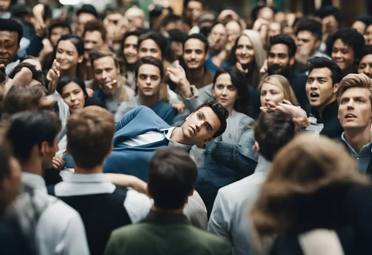 A person faints in a crowded room, surrounded by concerned onlookers